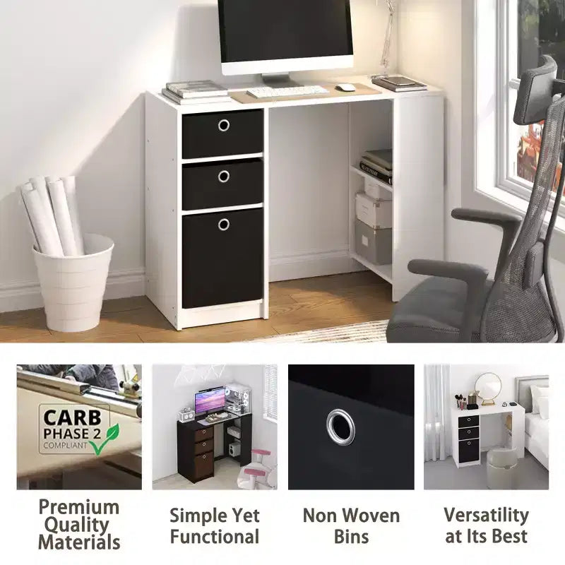 HOMLUX 39 Computer Desk Study Writing Desk with 3 Storage Bins & Open Shelves