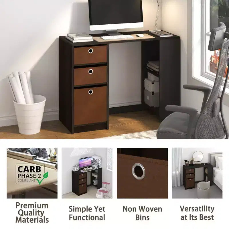 HOMLUX 39 Computer Desk Study Writing Desk with 3 Storage Bins & Open Shelves