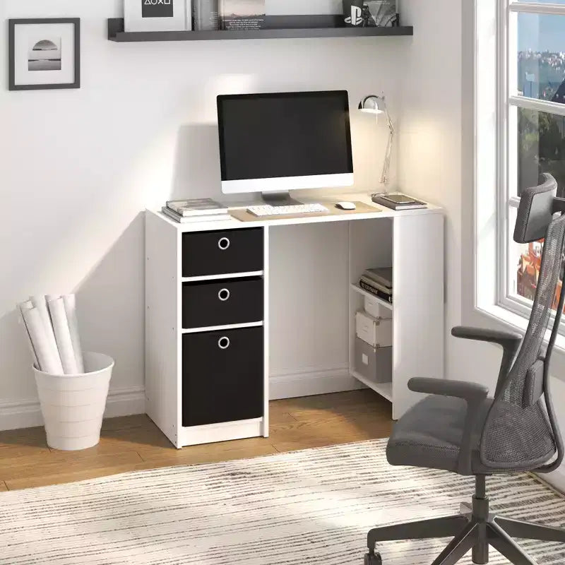 HOMLUX 39 Computer Desk Study Writing Desk with 3 Storage Bins & Open Shelves