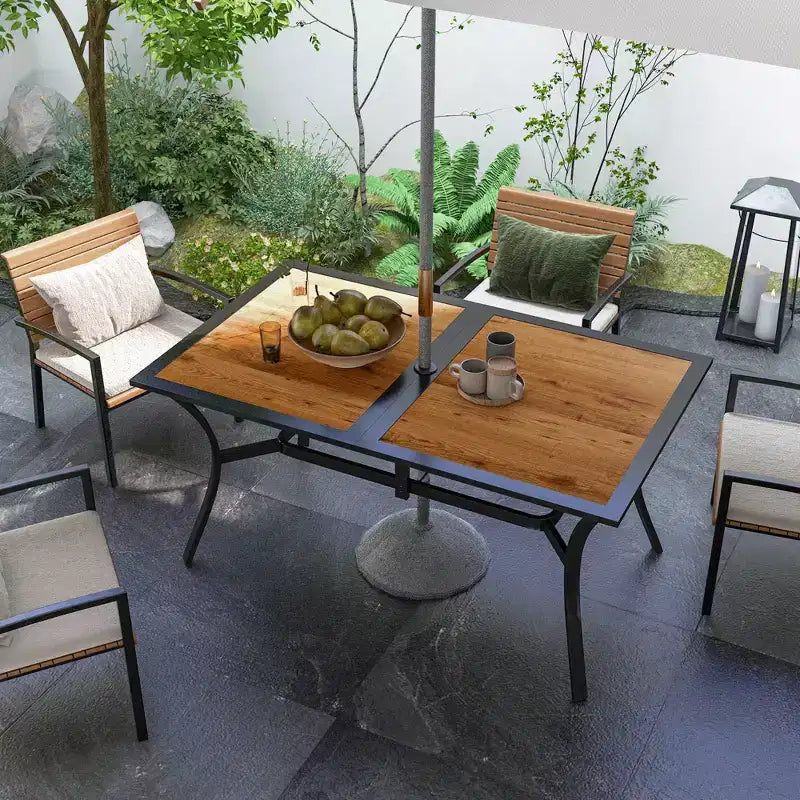 Rectangular Patio Table with Umbrella Hole, Faux Wood Rectangle Outdoor Dining Table for 6 People for Garden