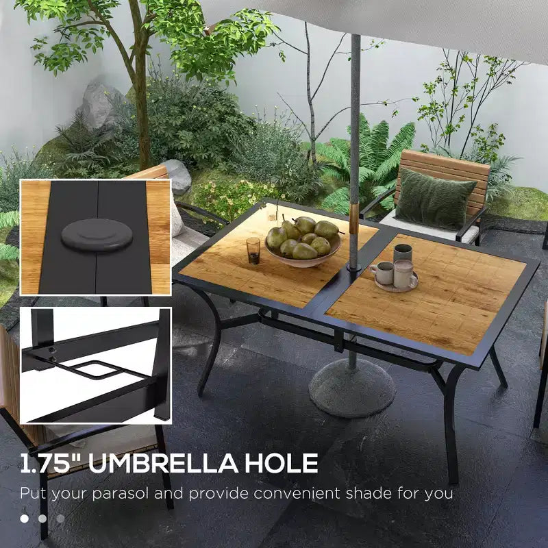 Rectangular Patio Table with Umbrella Hole, Faux Wood Rectangle Outdoor Dining Table for 6 People for Garden