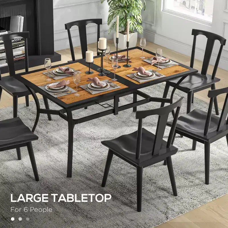 Rectangular Patio Table with Umbrella Hole, Faux Wood Rectangle Outdoor Dining Table for 6 People for Garden