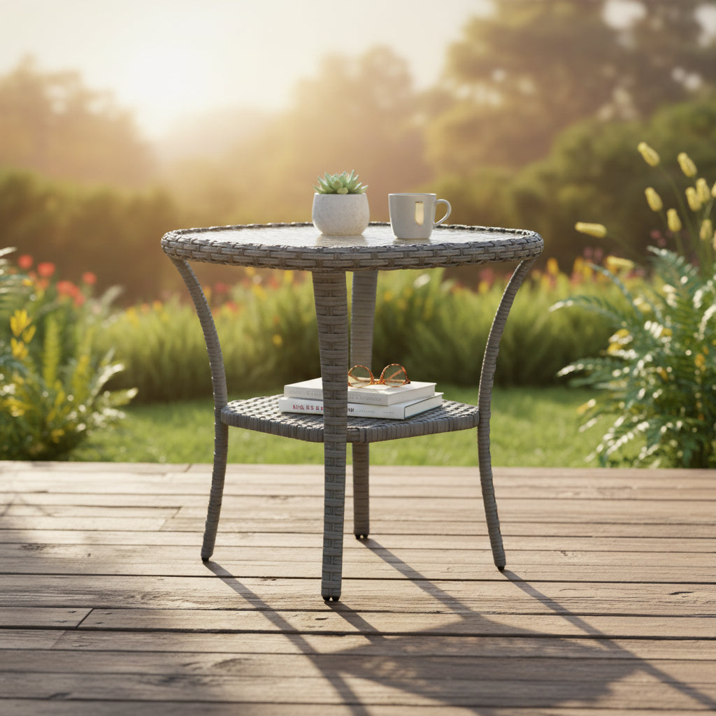 Outdoor Coffee Table with Storage Shelf, Hand-Woven Wicker Side Table with Water-Ripple Glass Top