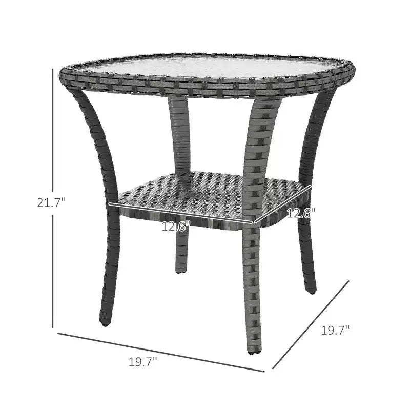 Outdoor Coffee Table with Storage Shelf, Hand-Woven Wicker Side Table with Water-Ripple Glass Top
