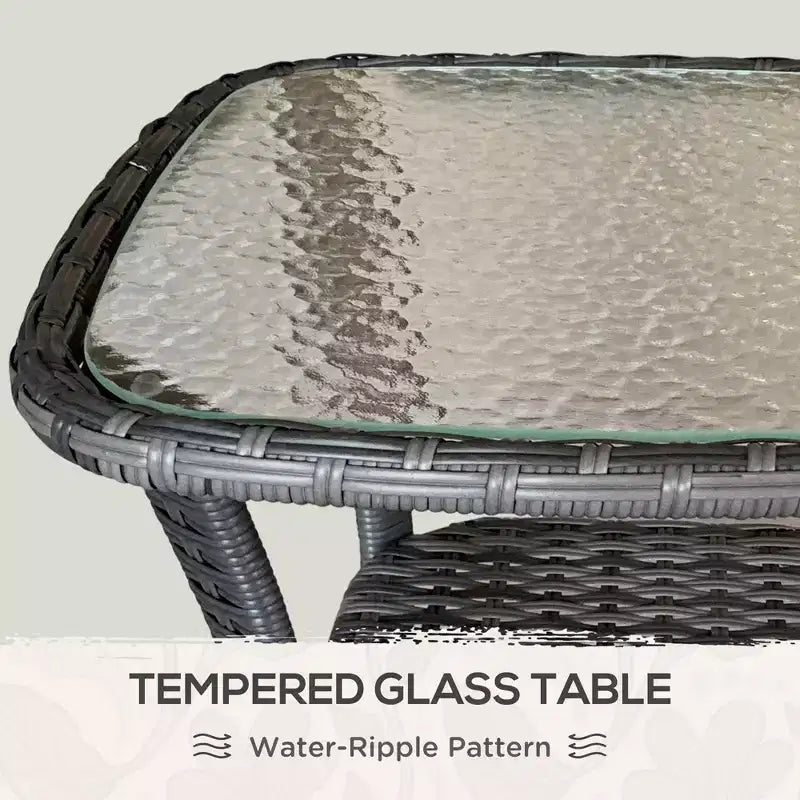 Outdoor Coffee Table with Storage Shelf, Hand-Woven Wicker Side Table with Water-Ripple Glass Top