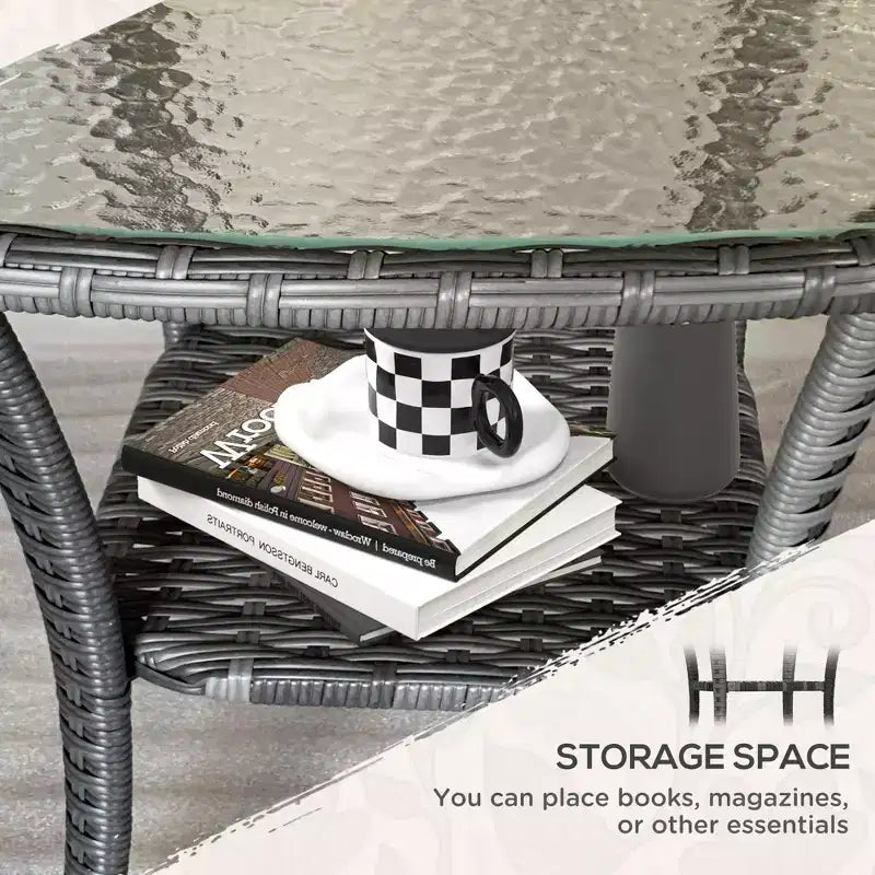 Outdoor Coffee Table with Storage Shelf, Hand-Woven Wicker Side Table with Water-Ripple Glass Top