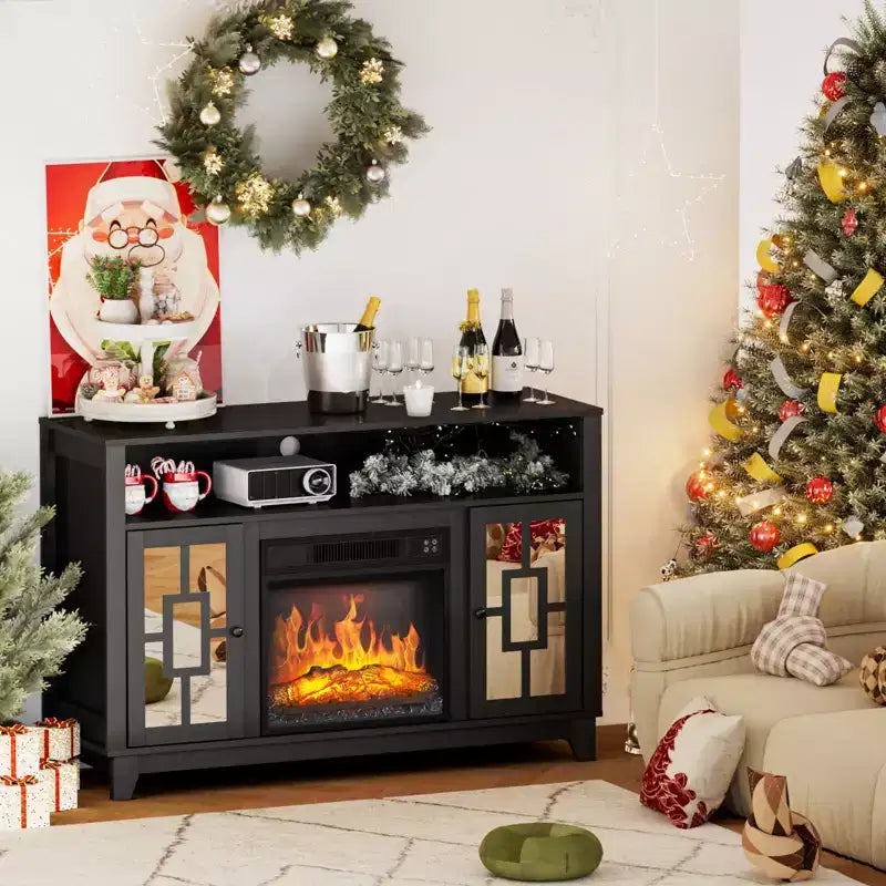 Fireplace TV Stand for 60" TVs with Mirrored Glass Door & Storage Cabinet