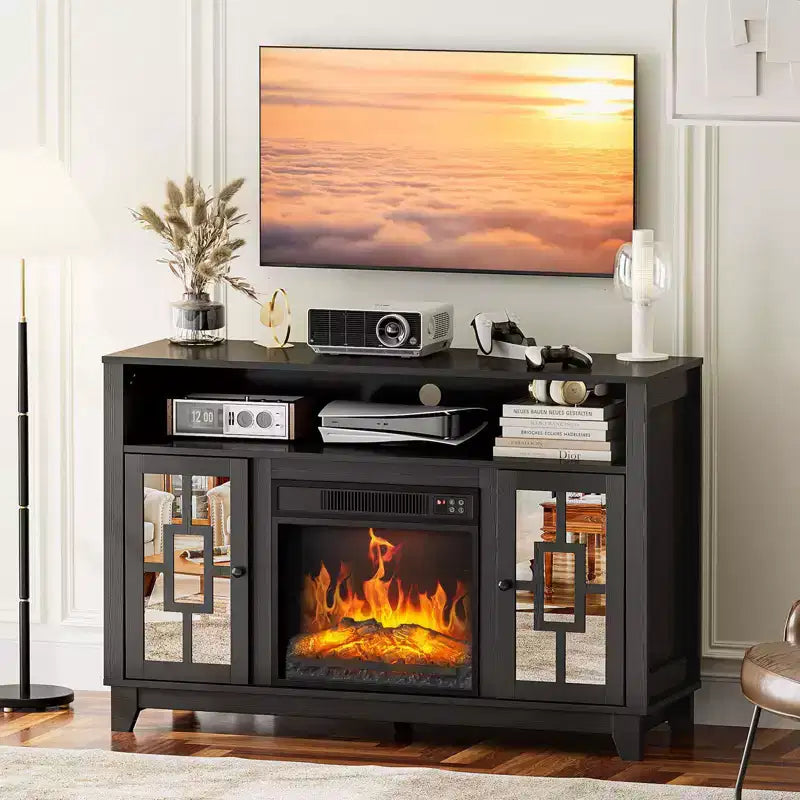 Fireplace TV Stand for 60" TVs with Mirrored Glass Door & Storage Cabinet