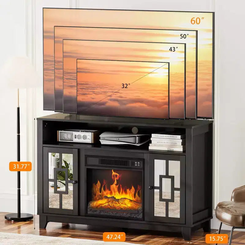 Fireplace TV Stand for 60" TVs with Mirrored Glass Door & Storage Cabinet