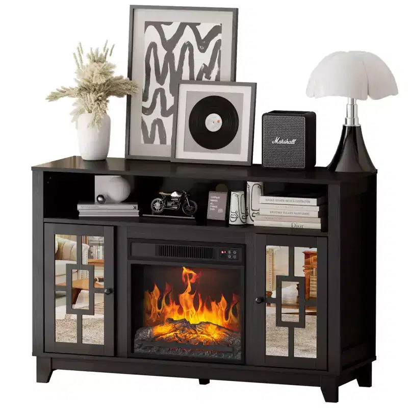 Fireplace TV Stand for 60" TVs with Mirrored Glass Door & Storage Cabinet