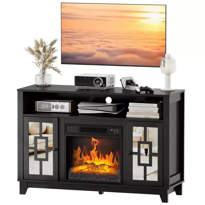 Fireplace TV Stand for 60" TVs with Mirrored Glass Door & Storage Cabinet
