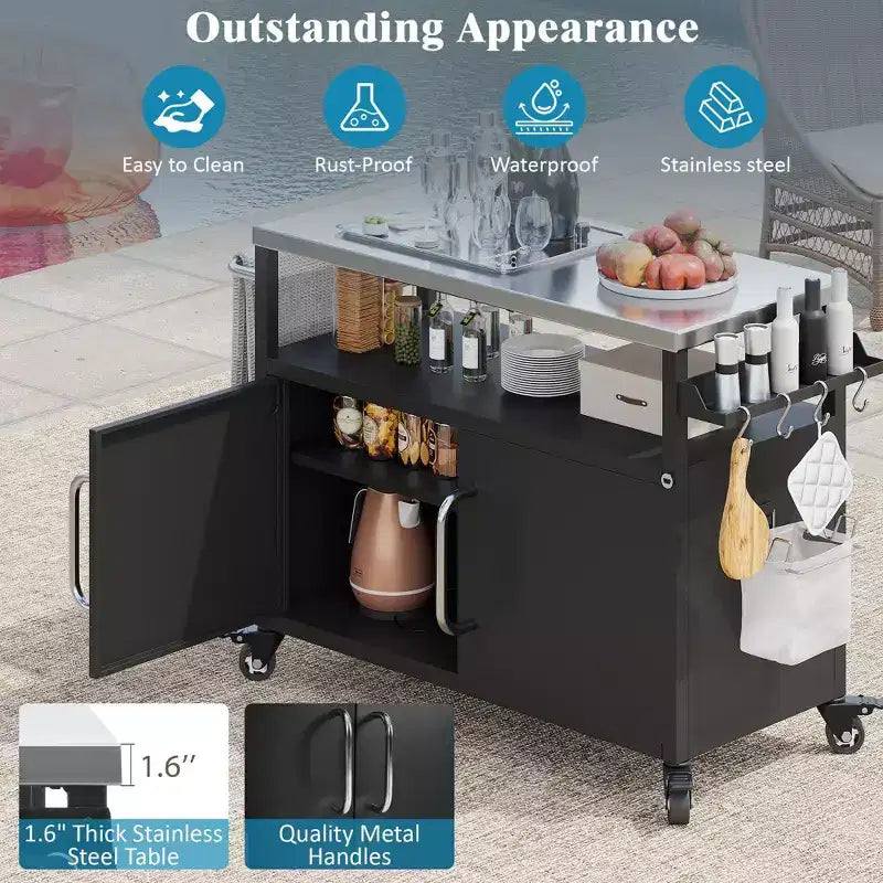 54.5 inch Outdoor Kitchen Island with Stainless Steel Tabletop, Outdoor Bar Cart with 4 Lockable Wheels for Outside BBQ