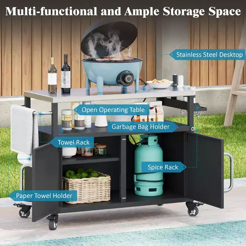 54.5 inch Outdoor Kitchen Island with Stainless Steel Tabletop, Outdoor Bar Cart with 4 Lockable Wheels for Outside BBQ