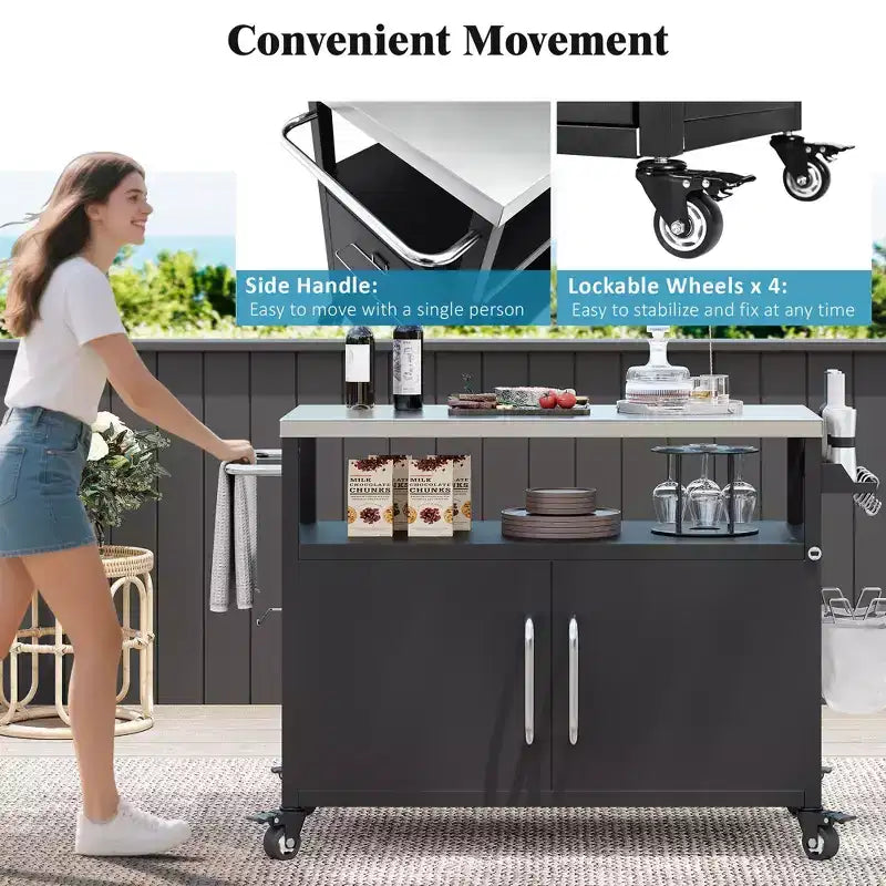 54.5 inch Outdoor Kitchen Island with Stainless Steel Tabletop, Outdoor Bar Cart with 4 Lockable Wheels for Outside BBQ