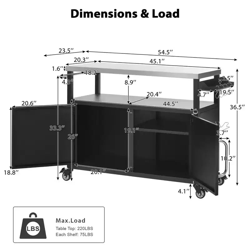 54.5 inch Outdoor Kitchen Island with Stainless Steel Tabletop, Outdoor Bar Cart with 4 Lockable Wheels for Outside BBQ