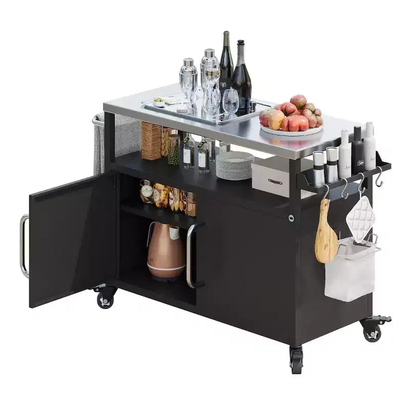 54.5 inch Outdoor Kitchen Island with Stainless Steel Tabletop, Outdoor Bar Cart with 4 Lockable Wheels for Outside BBQ