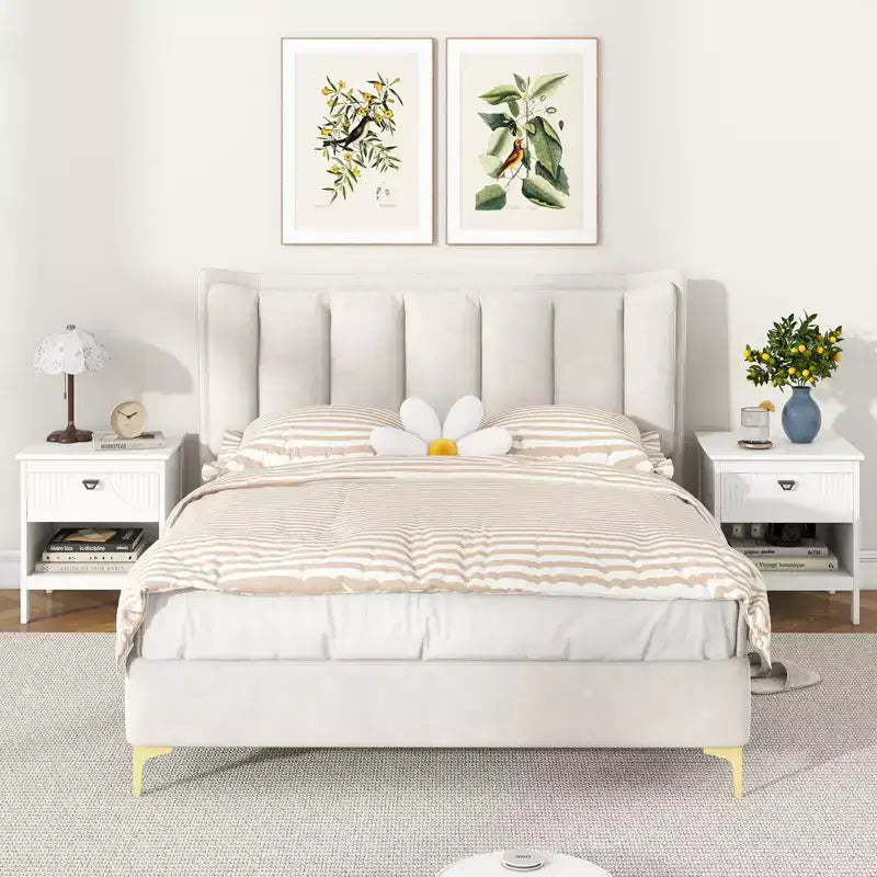 2-Piece 2-Tier MDF End Table Set with Drawer & Open Shelf, White, Bedroom Nightstand