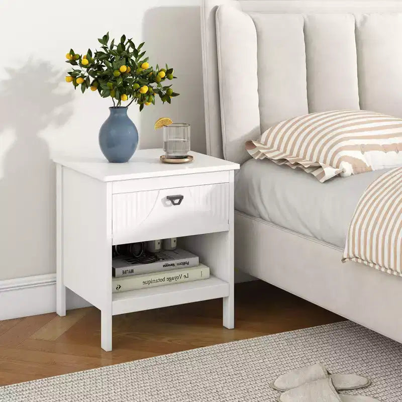2-Piece 2-Tier MDF End Table Set with Drawer & Open Shelf, White, Bedroom Nightstand