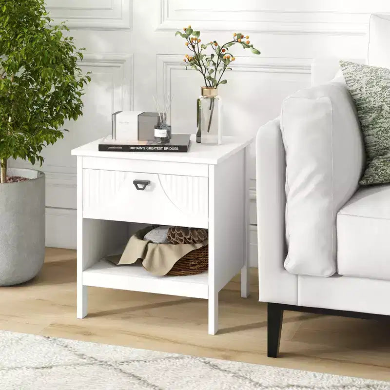 2-Piece 2-Tier MDF End Table Set with Drawer & Open Shelf, White, Bedroom Nightstand
