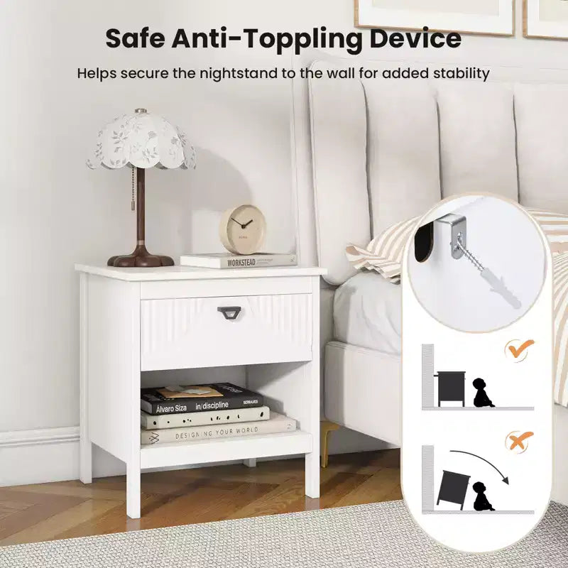 2-Piece 2-Tier MDF End Table Set with Drawer & Open Shelf, White, Bedroom Nightstand