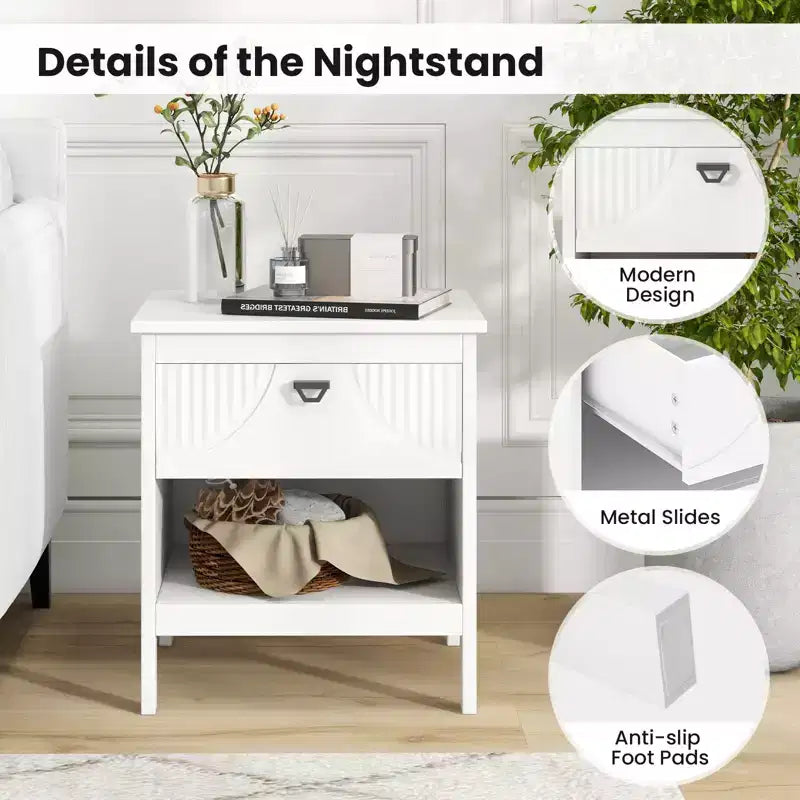 2-Piece 2-Tier MDF End Table Set with Drawer & Open Shelf, White, Bedroom Nightstand