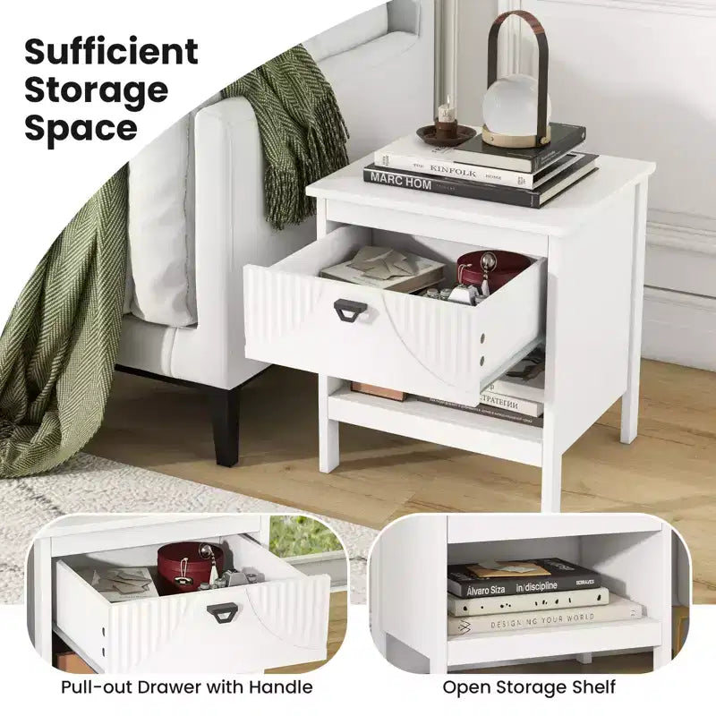 2-Piece 2-Tier MDF End Table Set with Drawer & Open Shelf, White, Bedroom Nightstand