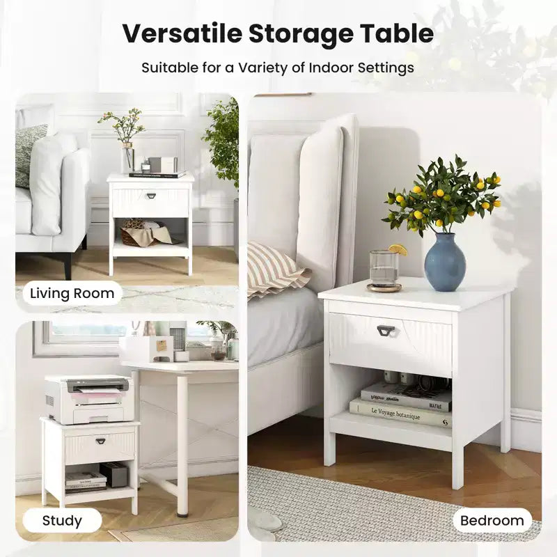 2-Piece 2-Tier MDF End Table Set with Drawer & Open Shelf, White, Bedroom Nightstand