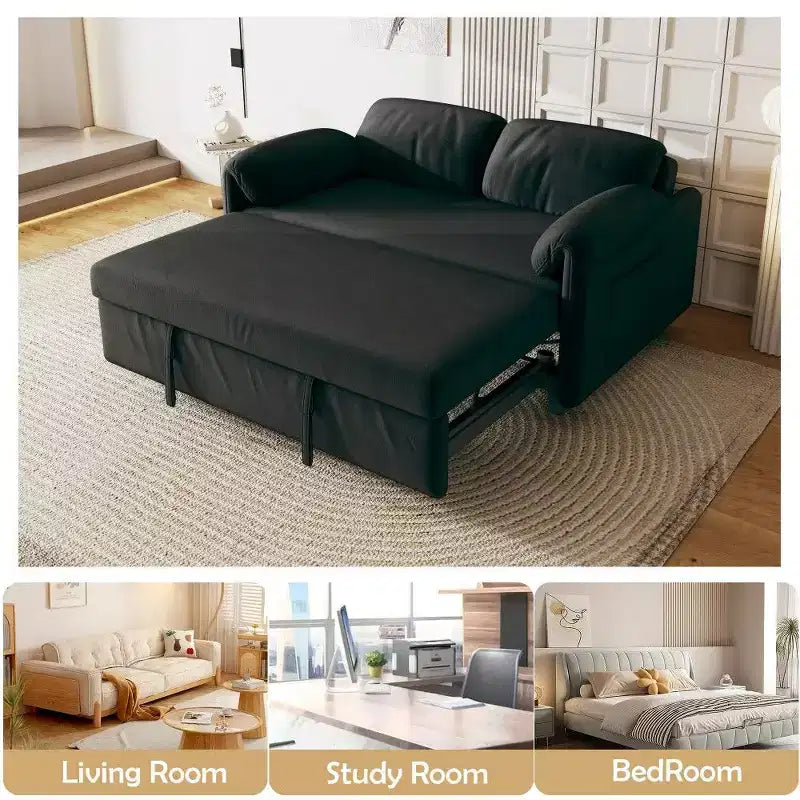 54" Convertible Velvet Sofa Bed with Storage Pockets, 2-in-1 Loveseat for Small Spaces