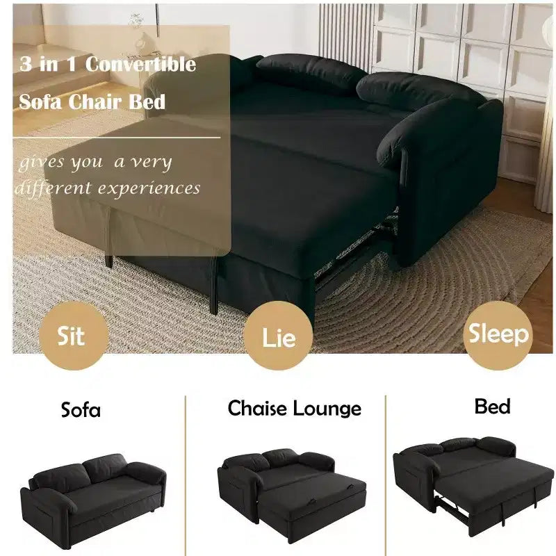 54" Convertible Velvet Sofa Bed with Storage Pockets, 2-in-1 Loveseat for Small Spaces