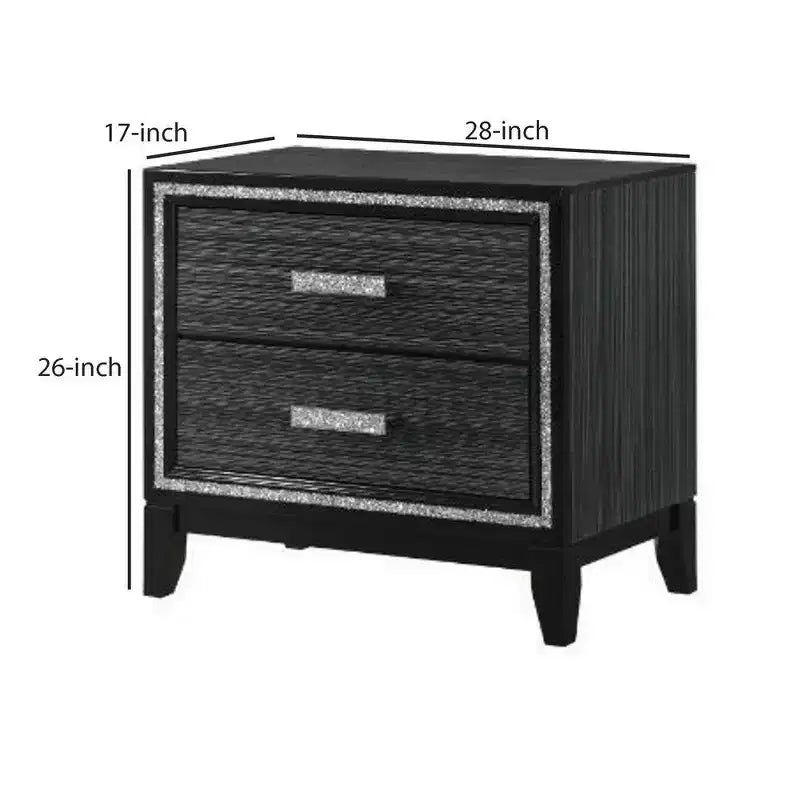 Royal Hampton Nightstand with 2 Drawers and Shimmery Details, Black