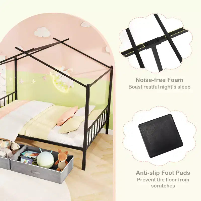 Full Size Metal House Bed with 2 Foldable Fabric Drawers, Heavy-Duty Platform Bed Frame