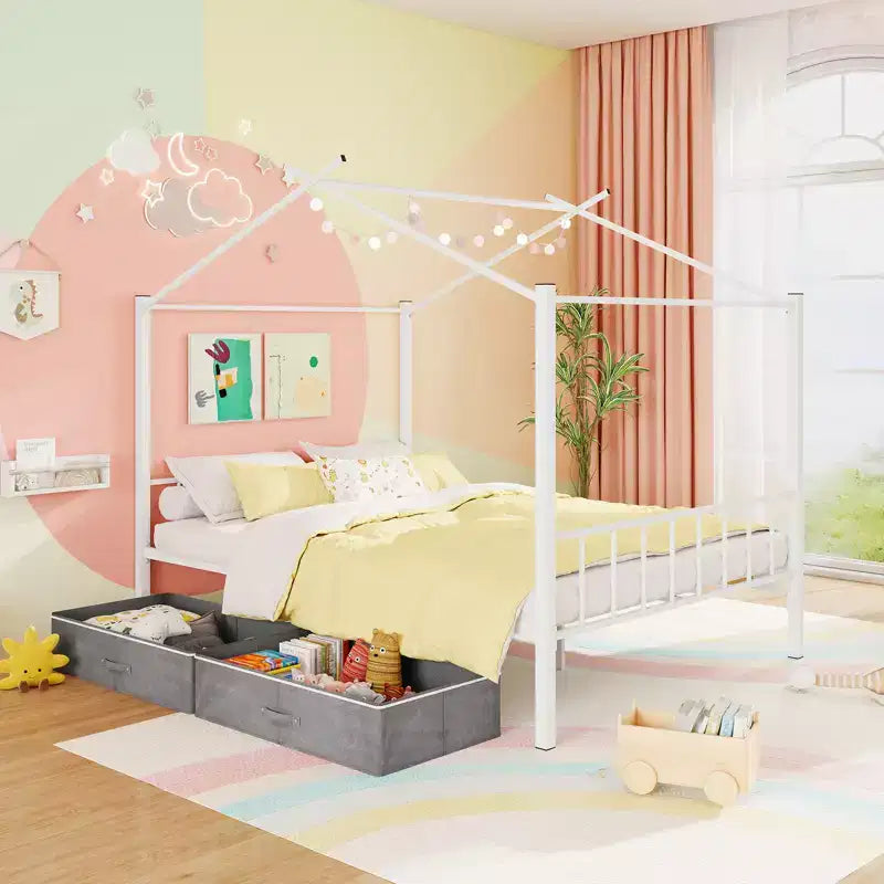 Full Size Metal House Bed with 2 Foldable Fabric Drawers, Heavy-Duty Platform Bed Frame