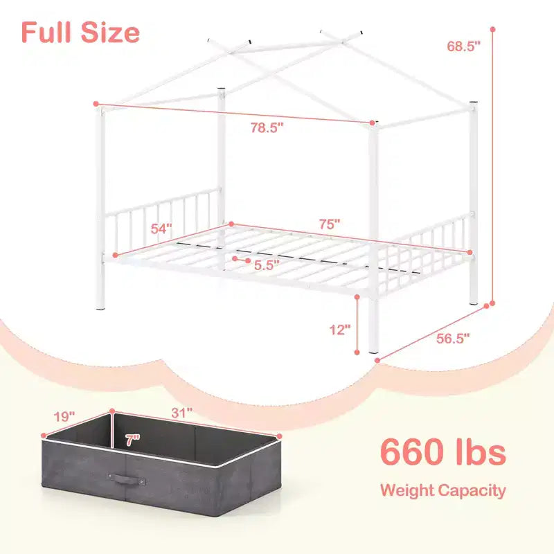 Full Size Metal House Bed with 2 Foldable Fabric Drawers, Heavy-Duty Platform Bed Frame