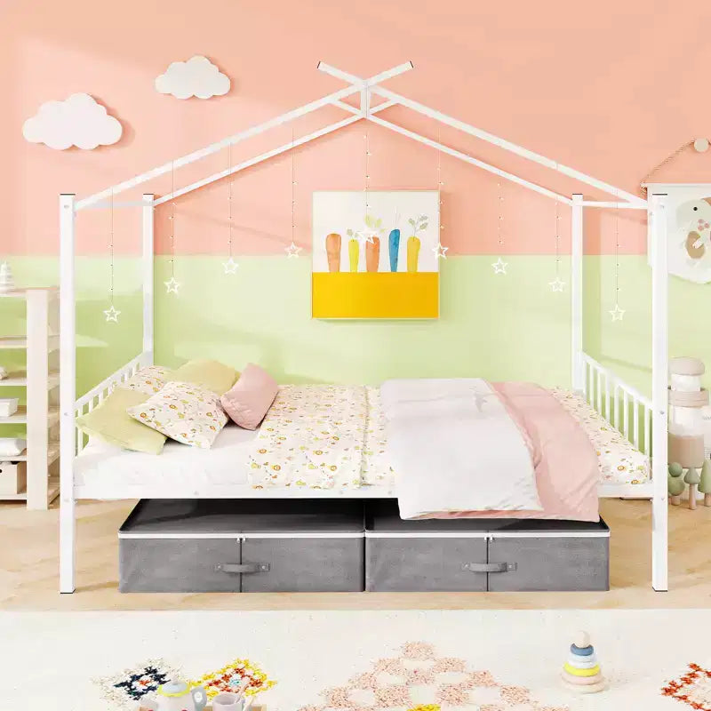 Full Size Metal House Bed with 2 Foldable Fabric Drawers, Heavy-Duty Platform Bed Frame