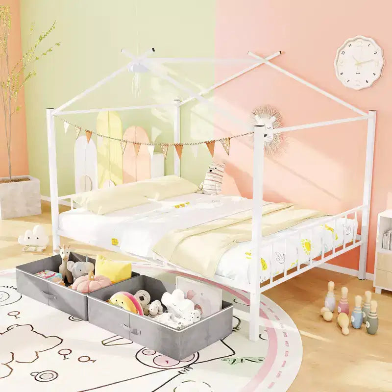 Full Size Metal House Bed with 2 Foldable Fabric Drawers, Heavy-Duty Platform Bed Frame