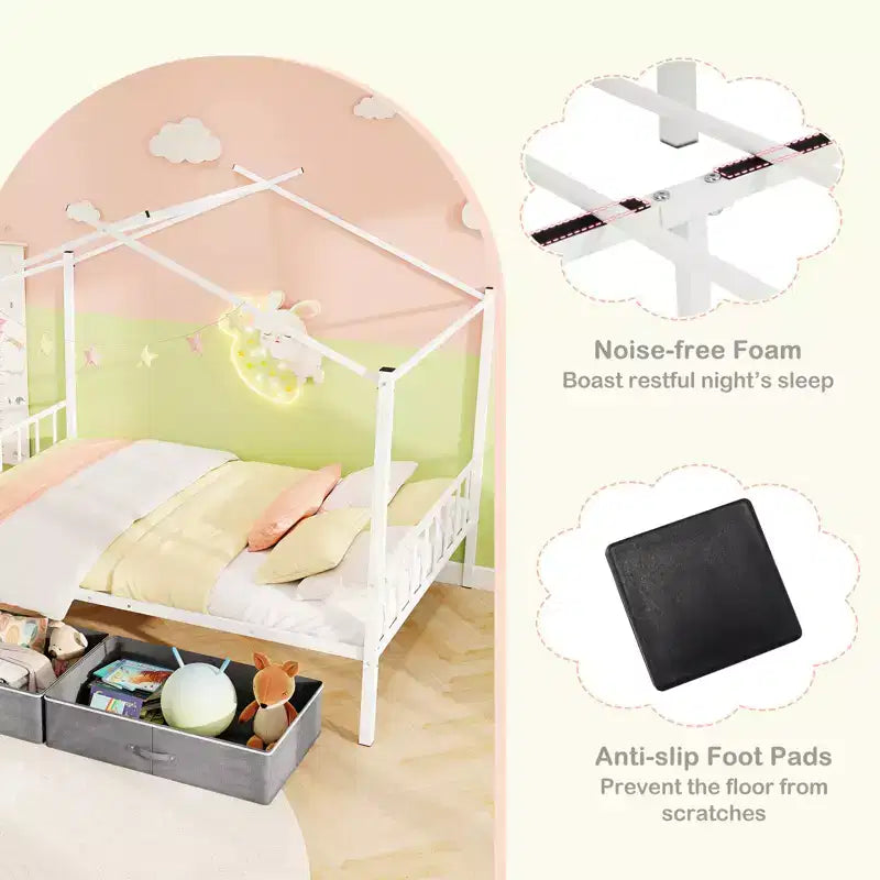 Full Size Metal House Bed with 2 Foldable Fabric Drawers, Heavy-Duty Platform Bed Frame