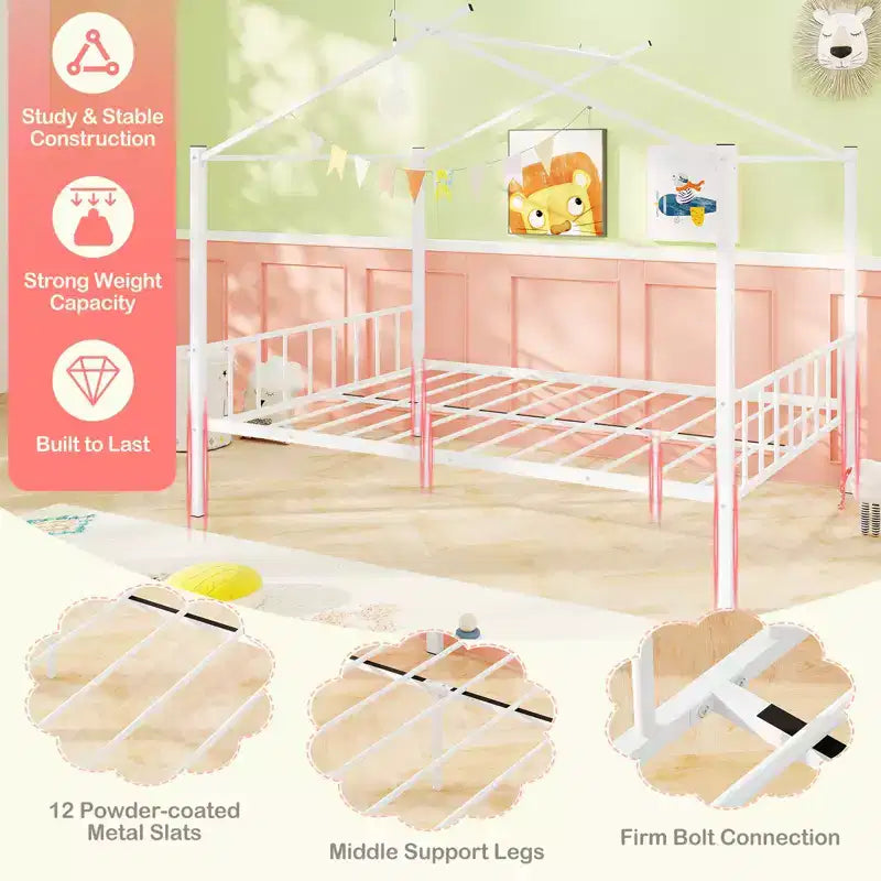 Full Size Metal House Bed with 2 Foldable Fabric Drawers, Heavy-Duty Platform Bed Frame