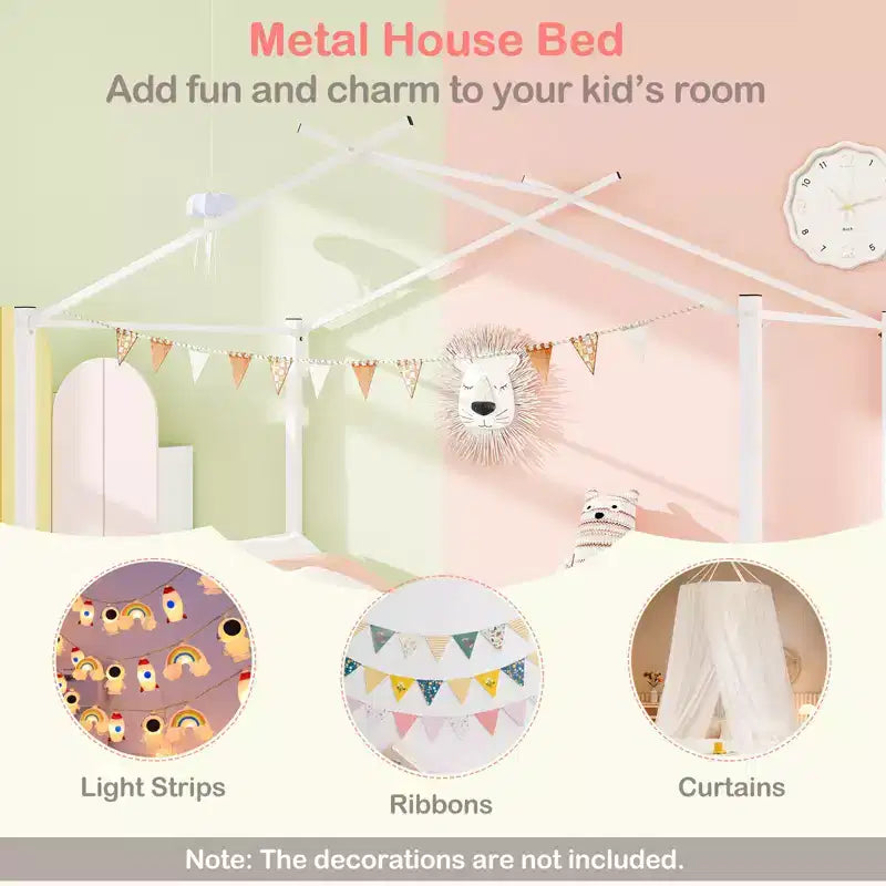 Full Size Metal House Bed with 2 Foldable Fabric Drawers, Heavy-Duty Platform Bed Frame