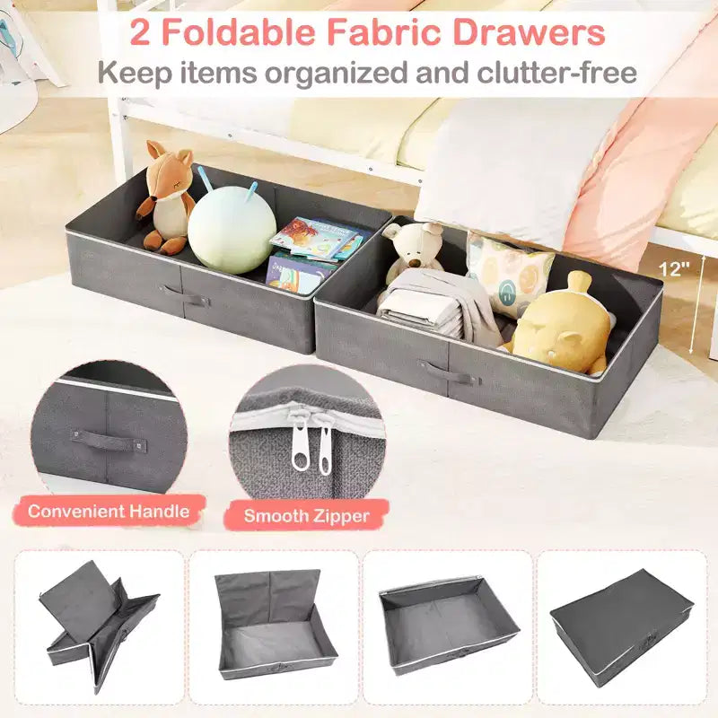 Full Size Metal House Bed with 2 Foldable Fabric Drawers, Heavy-Duty Platform Bed Frame