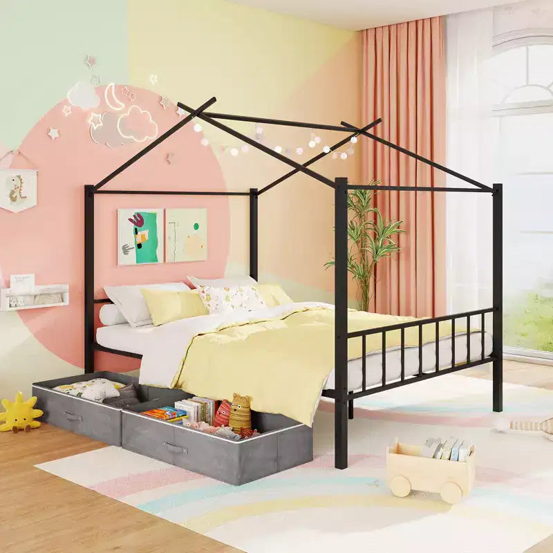 Full Size Metal House Bed with 2 Foldable Fabric Drawers, Heavy-Duty Platform Bed Frame