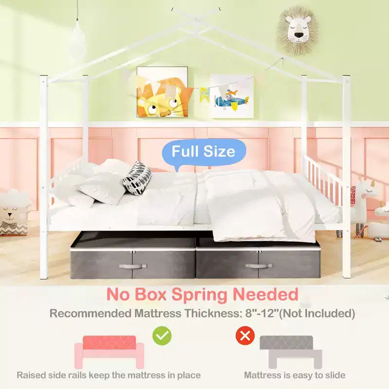 Full Size Metal House Bed with 2 Foldable Fabric Drawers, Heavy-Duty Platform Bed Frame