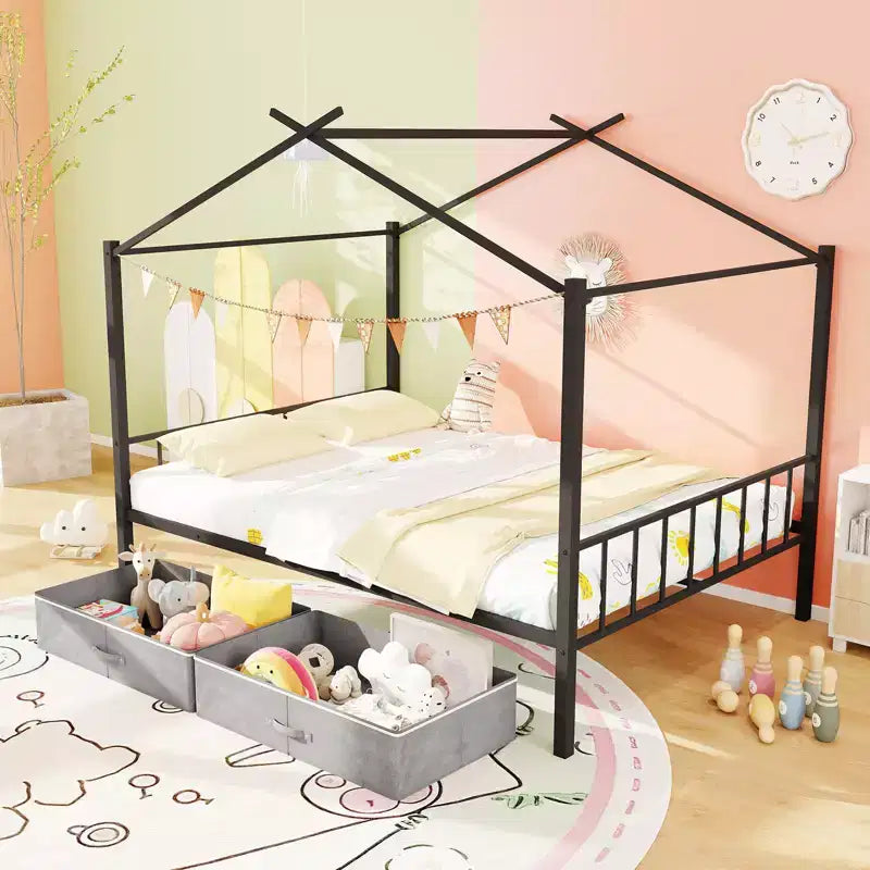 Full Size Metal House Bed with 2 Foldable Fabric Drawers, Heavy-Duty Platform Bed Frame