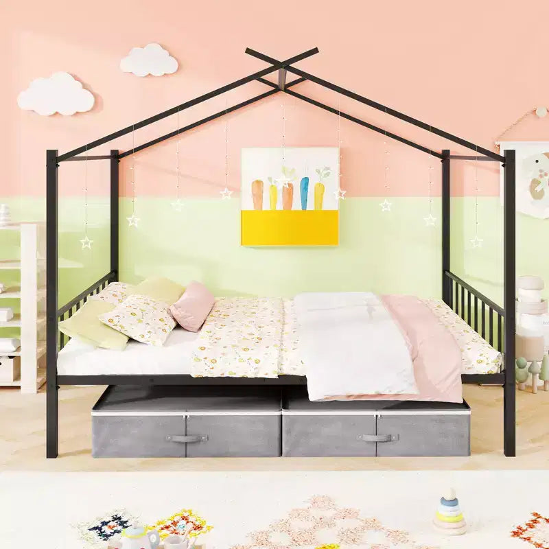 Full Size Metal House Bed with 2 Foldable Fabric Drawers, Heavy-Duty Platform Bed Frame