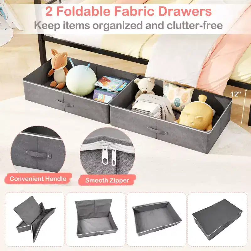 Full Size Metal House Bed with 2 Foldable Fabric Drawers, Heavy-Duty Platform Bed Frame
