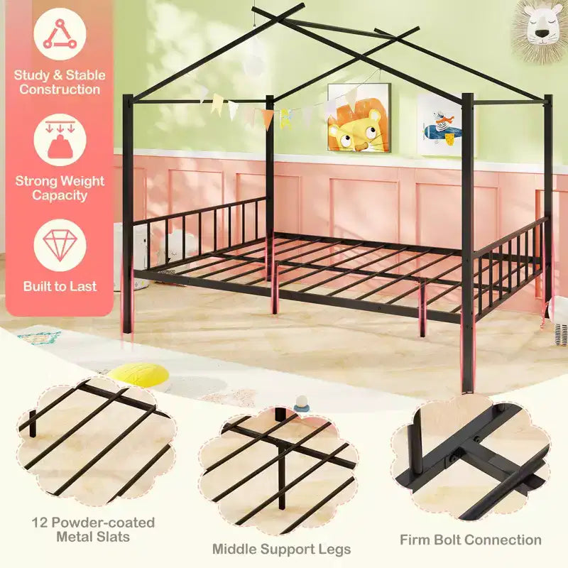 Full Size Metal House Bed with 2 Foldable Fabric Drawers, Heavy-Duty Platform Bed Frame