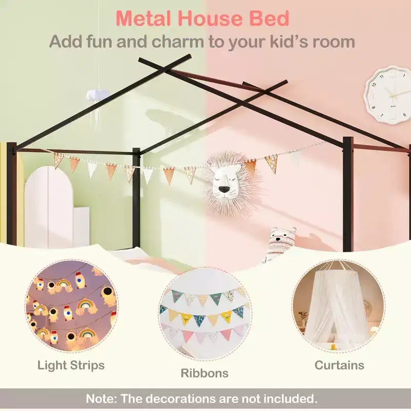Full Size Metal House Bed with 2 Foldable Fabric Drawers, Heavy-Duty Platform Bed Frame