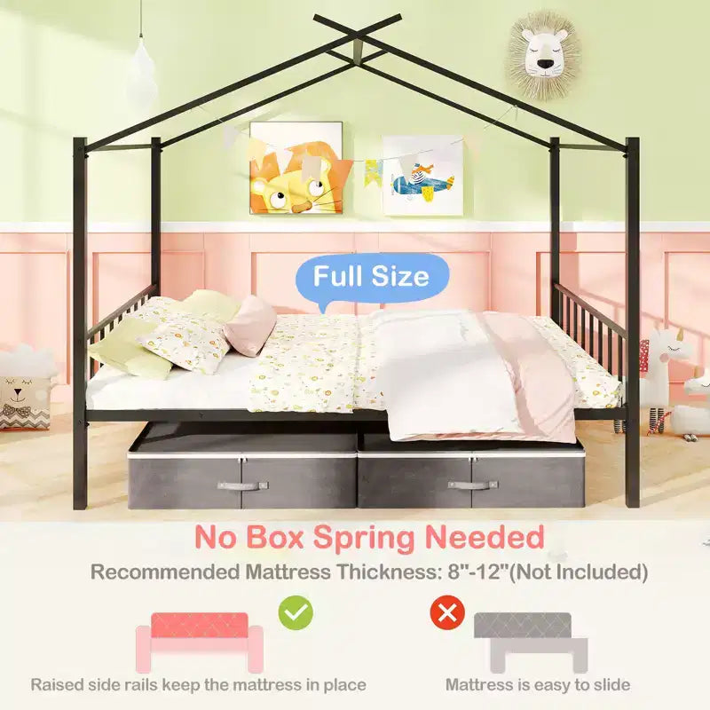 Full Size Metal House Bed with 2 Foldable Fabric Drawers, Heavy-Duty Platform Bed Frame
