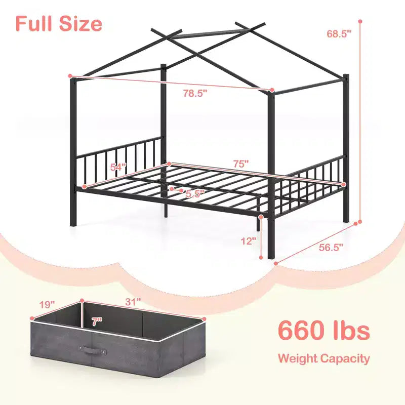 Full Size Metal House Bed with 2 Foldable Fabric Drawers, Heavy-Duty Platform Bed Frame