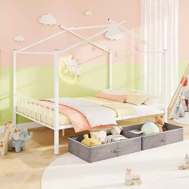 Full Size Metal House Bed with 2 Foldable Fabric Drawers, Heavy-Duty Platform Bed Frame
