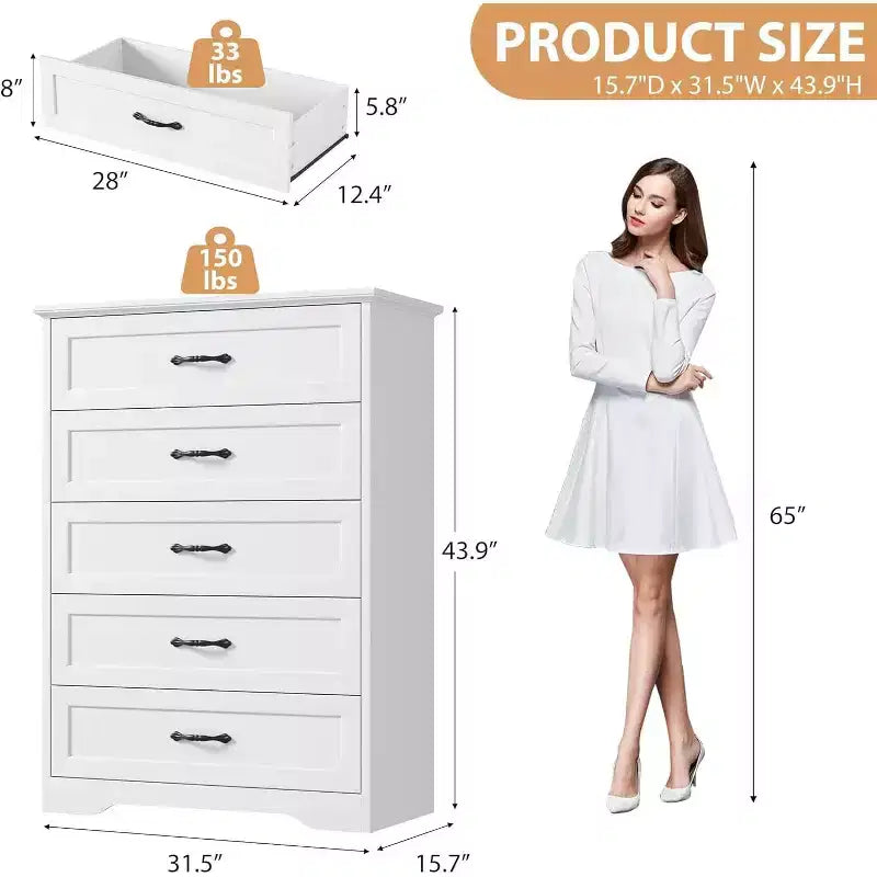 5-Drawer Dresser, White, Sturdy Storage, Smooth Gliding Drawers, for Bedroom & Guest Room